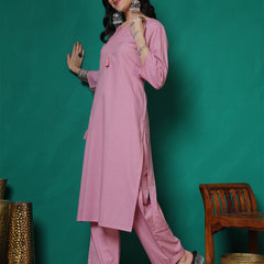 Women Lavender Cotton Flex Pocket Embroidery Kurta with Trouser Set