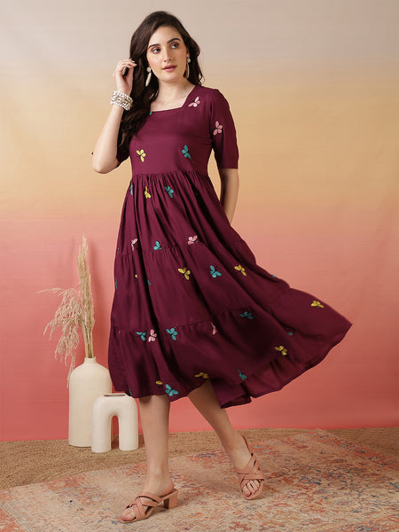 Women Wine Cotton Embroidery Fit And Flare Dress