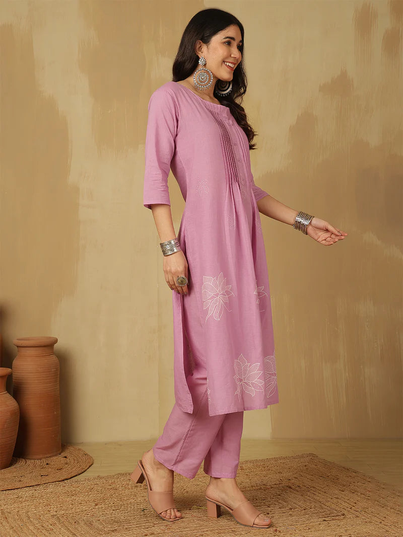 Women Cotton Discharge Printed A-line Kurta with Trouser & Dupatta