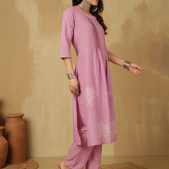 Women Cotton Discharge Printed A-line Kurta with Trouser & Dupatta