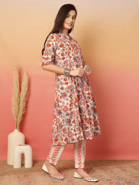 ANAISA Women Cotton Orange Floral Printed A-line, Calf Length Kurta with Trouser