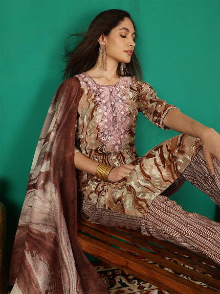 Women Brown Yoke Embroidery Kurta with Trouser & Dupatta