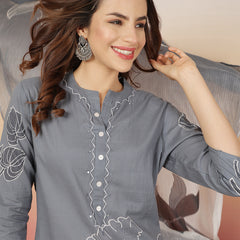 ANAISA Women Cotton Placement Print Straight Kurta with Trouser & Dupatta