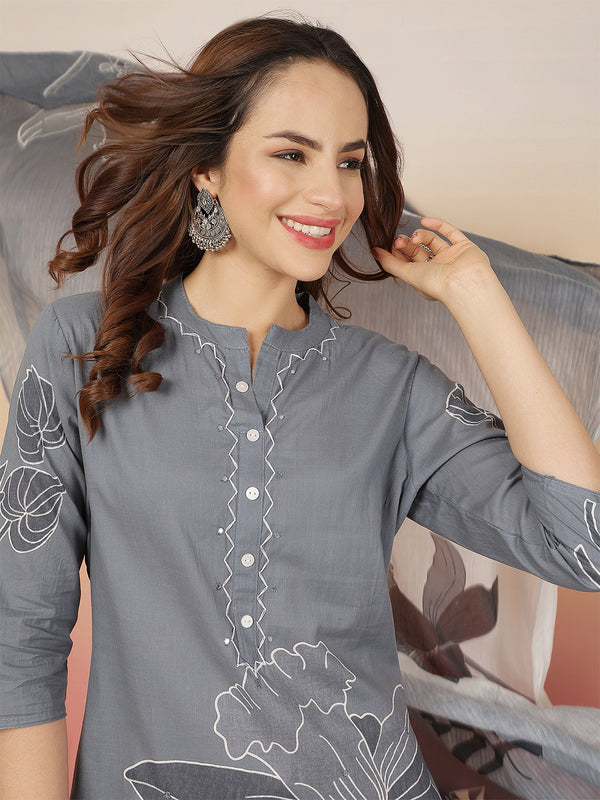 ANAISA Women Cotton Placement Print Straight Kurta with Trouser & Dupatta