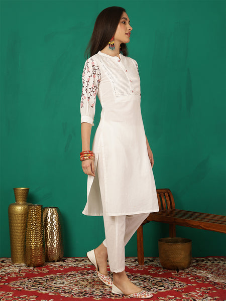Women White Solid Embroidery Cotton Flex Kurta With Trouser