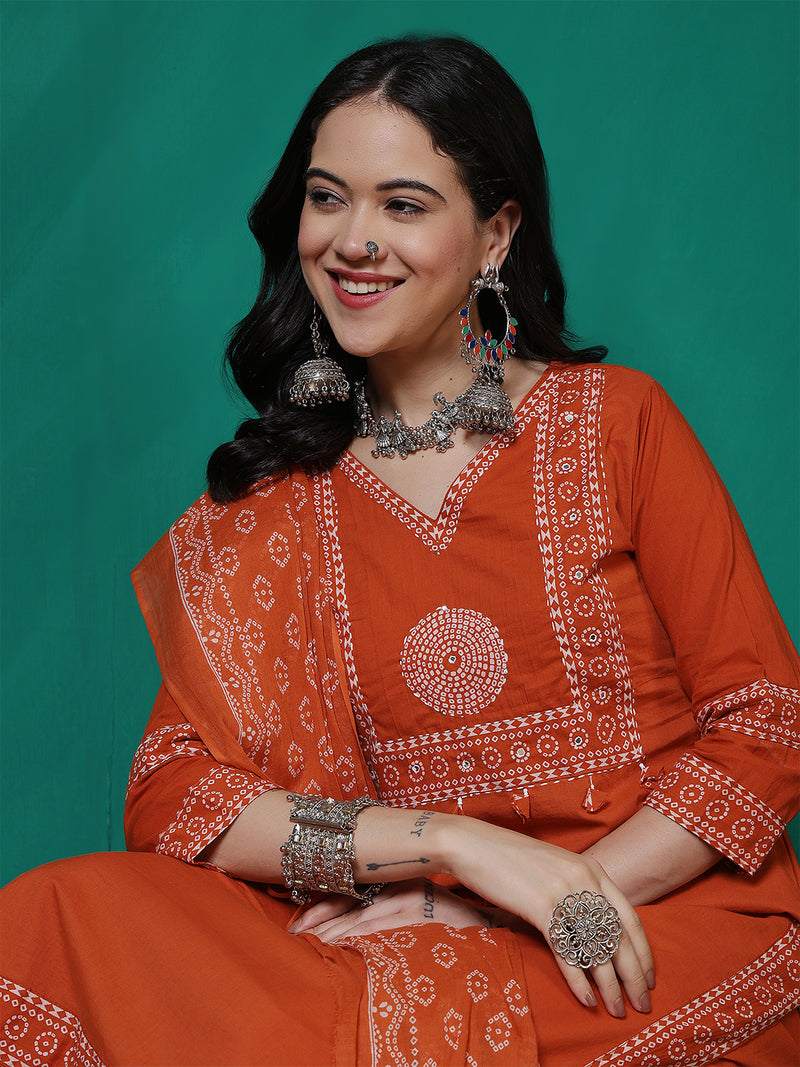Women Cotton Bandhani Printed Kurta with Trouser & Dupatta