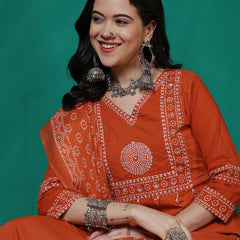 Women Cotton Bandhani Printed Kurta with Trouser & Dupatta