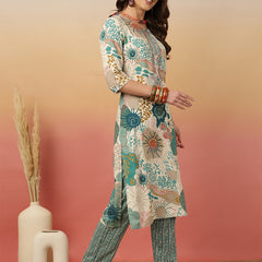 Women Blue Digital Printed Kurta With Trouser & Dupatta