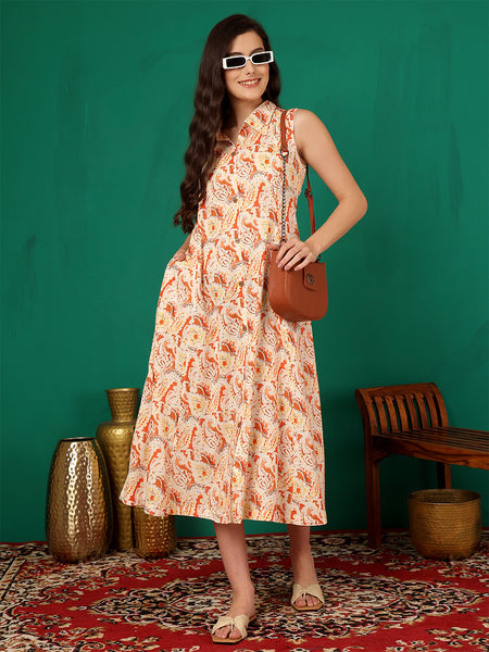 ANAISA Women Printed Cotton Sleeveless, Collar Neck, Calf Length Midi Summer Dress