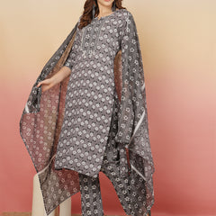 ANAISA Women Viscose Rayon Round Neck, Calf Length, Printed Kurta with Trouser & Dupatta