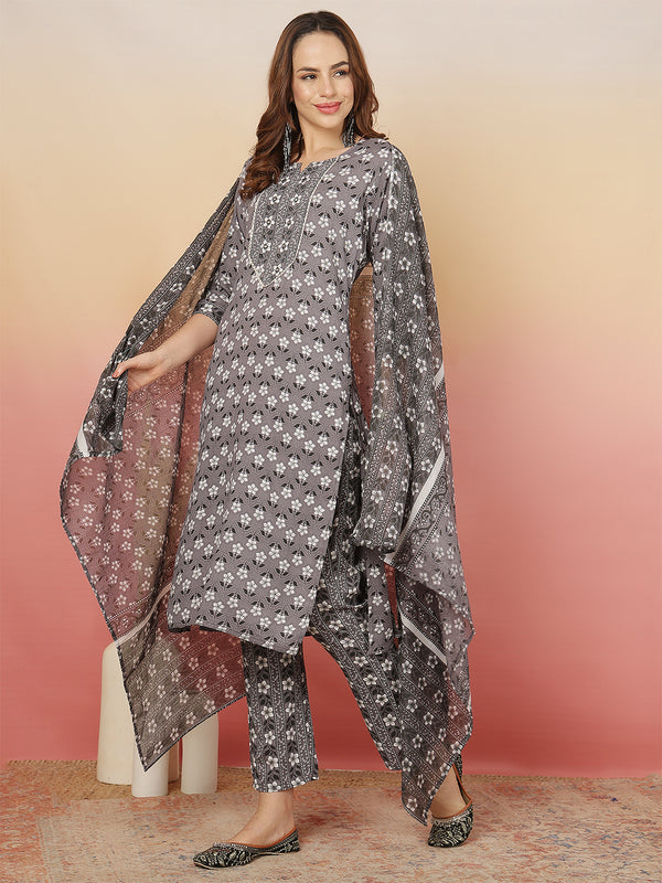 ANAISA Women Viscose Rayon Round Neck, Calf Length, Printed Kurta with Trouser & Dupatta
