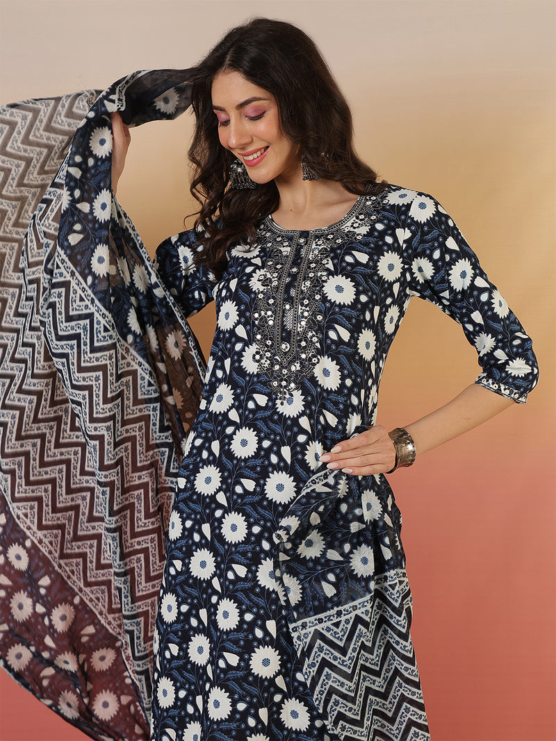 Women Floral Printed Blue Kurta With Trouser & Dupatta