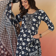 Women Floral Printed Blue Kurta With Trouser & Dupatta