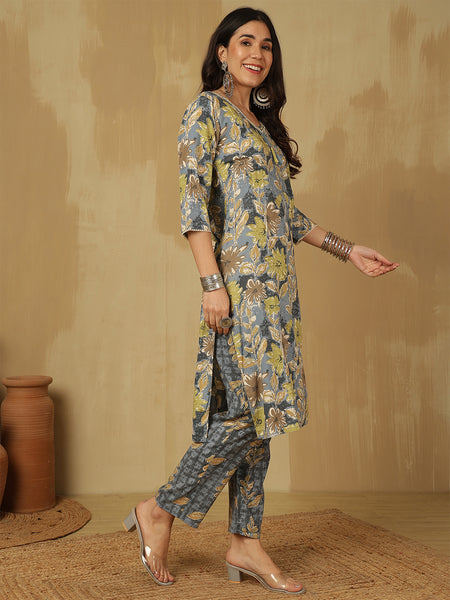 Women Viscose Rayon Blue Floral Printed Kurta with Trouser & Dupatta
