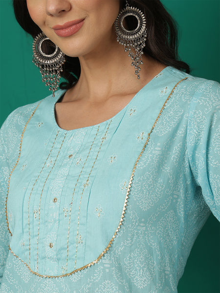 Women Turquoise Blue Cotton Printed Straight Kurta with Trouser
