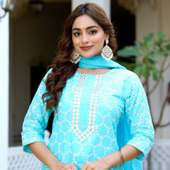 ANAISA Women cotton Schiffli embroidered Kurta with Trouser & Dupatta