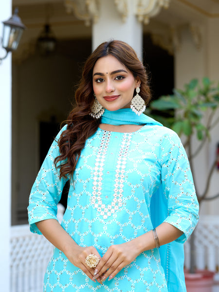 Women cotton Schiffli embroidered Kurta with Trouser & Dupatta