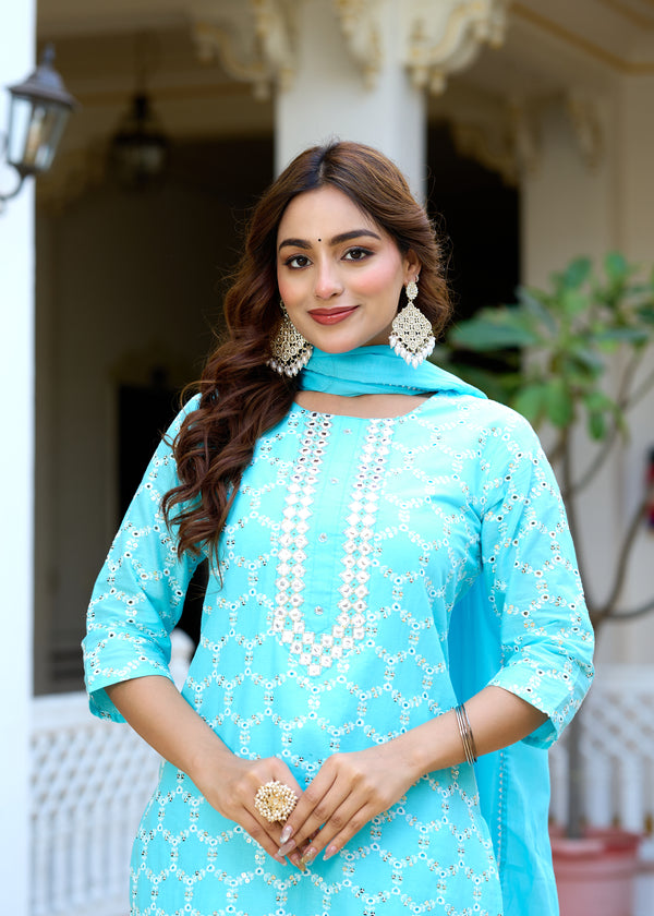 ANAISA Women cotton Schiffli embroidered Kurta with Trouser & Dupatta