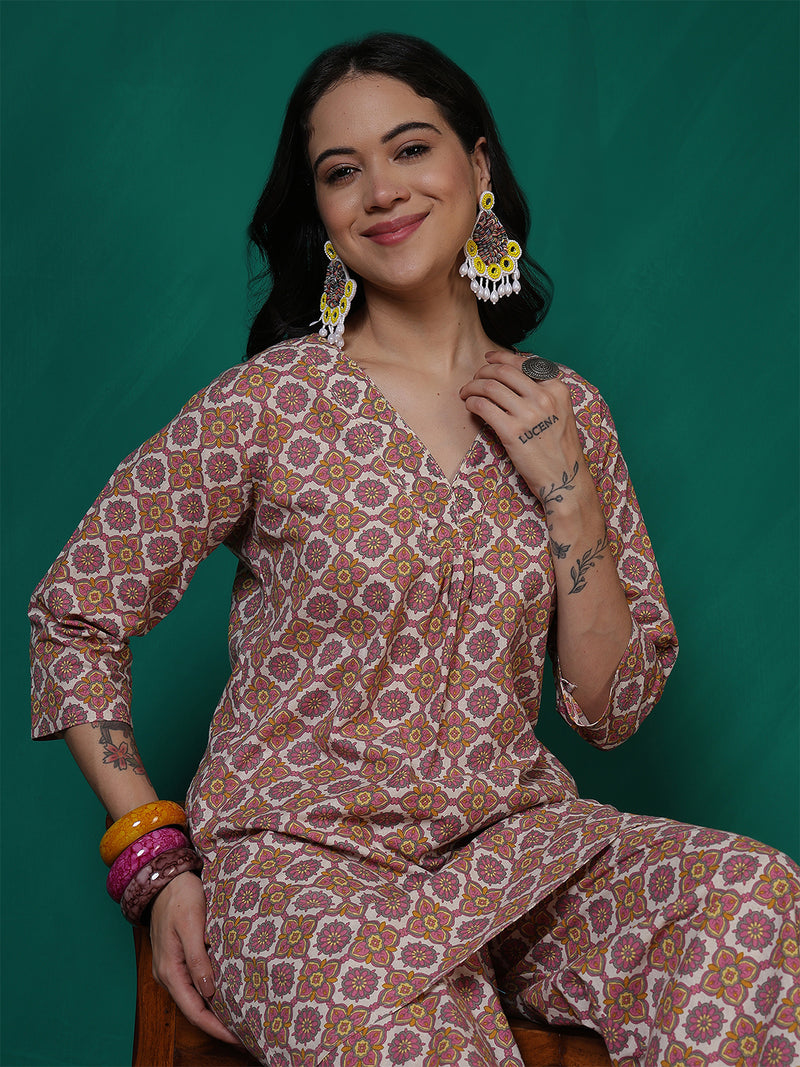 Women Green Cotton Flex Printed Top with Trouser Co-ord Set