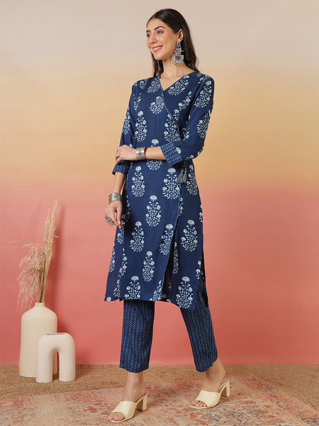 Women Blue Block Printed Front Slit Kurta With Palazzo Pant & Dupatta