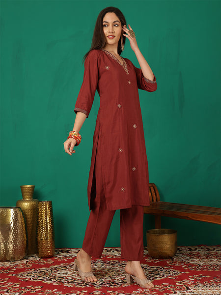 Women Maroon Silk Hand Work Yoke Solid Kurta with Trouser & Dupatta