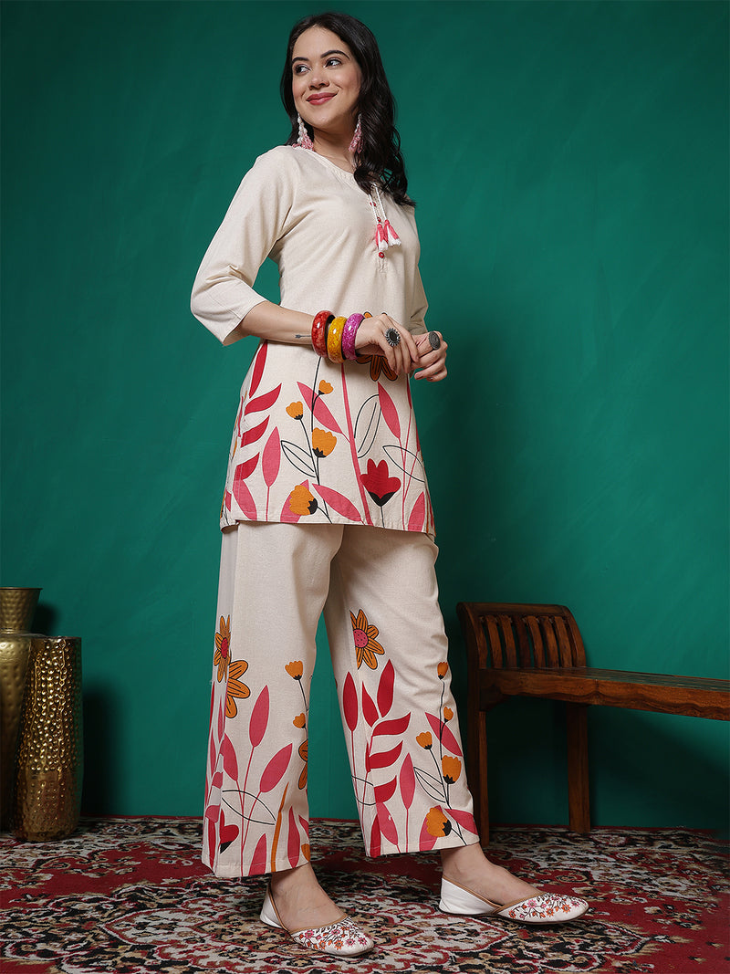 Women Cotton Flex Floral Printed Top with Trouser Co-ord Set