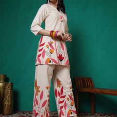 Women Cotton Flex Floral Printed Top with Trouser Co-ord Set