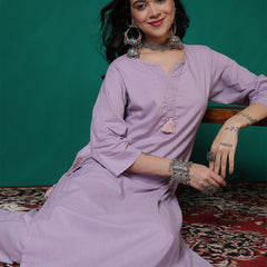 Women Lavender Cotton Flex Pocket Embroidery Kurta with Trouser Set