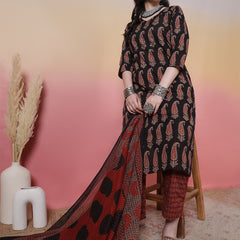 Women Black Block Printed Kurta with Trouser & Dupatta