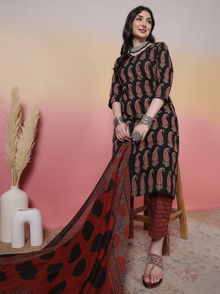 Women Black Block Printed Kurta with Trouser & Dupatta