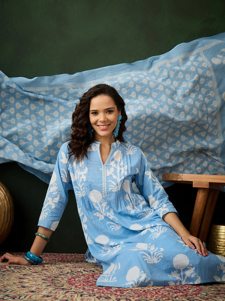 Women Cotton Light Blue Printed Hand Work Yoke Staright Kurta with Printed Trouser & Dupatta