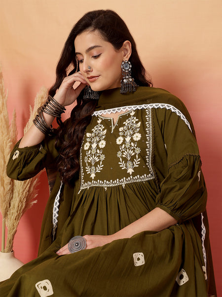 Women Cotton Olive Green Embroidery Anarkali Kurta with Trouser & Dupatta