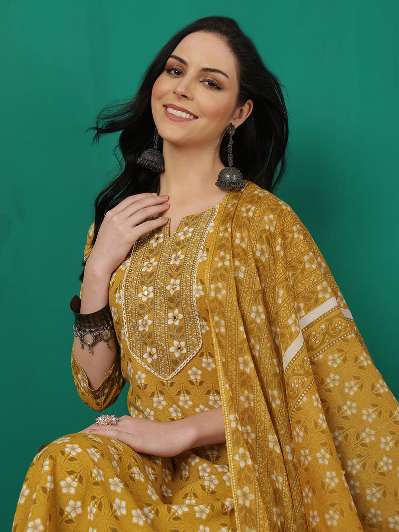 ANAISA Women Viscose Rayon Round Neck, Calf Length, Printed Kurta with Trouser & Dupatta