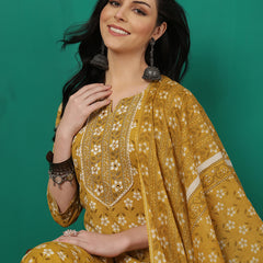 ANAISA Women Viscose Rayon Round Neck, Calf Length, Printed Kurta with Trouser & Dupatta