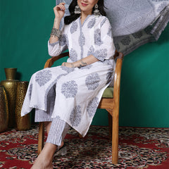 Women Pure Cotton White & Grey Printed Kurta with Trouser & Dupatta