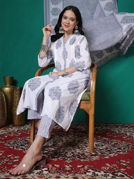 Women Pure Cotton White & Grey Printed Kurta with Trouser & Dupatta