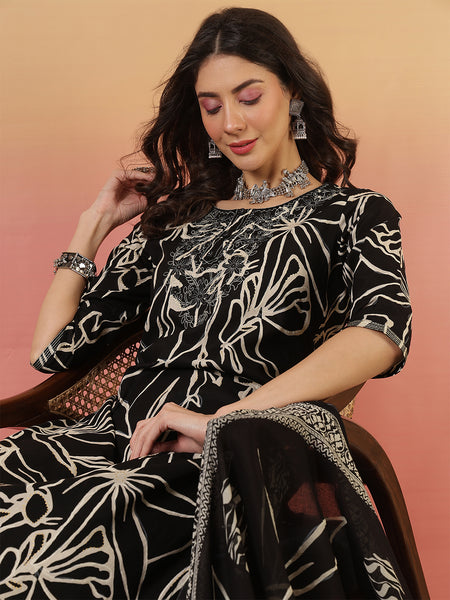 Women Abstract Printed Black Kurta with Trouser & Dupatta