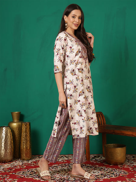 Women Brown Floral Printed Yoke Embroidery Kurta with Trouser & Dupatta