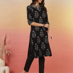 Women Black Cotton Yoke Design Kurta With Trouser & Dupatta
