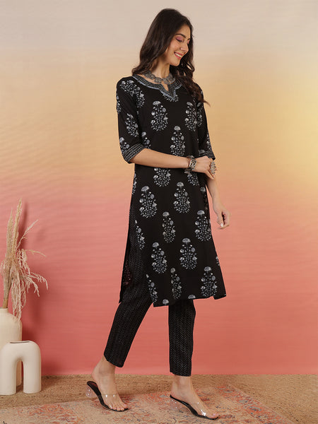 Women Black Cotton Yoke Design Kurta With Trouser & Dupatta
