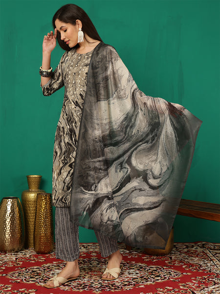 Women Black Yoke Embroidery Kurta with Trouser & Dupatta