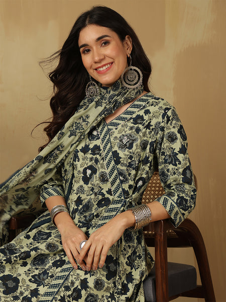 Women Blue Printed Anarkali Kurta With Pant & Dupatta