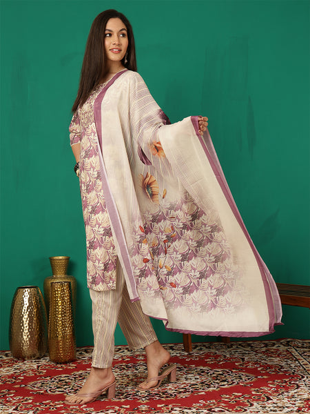 Women Purple Yoke Embroidery Kurta with Trouser & Dupatta