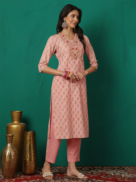 Women Pink Straight, Round Neck, Calf Length Kurta with Trouser