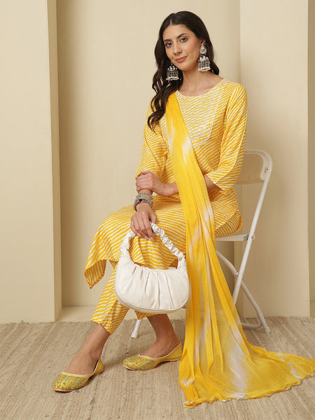 Women Cotton Yellow Printed Kurta with Trouser & Dupatta