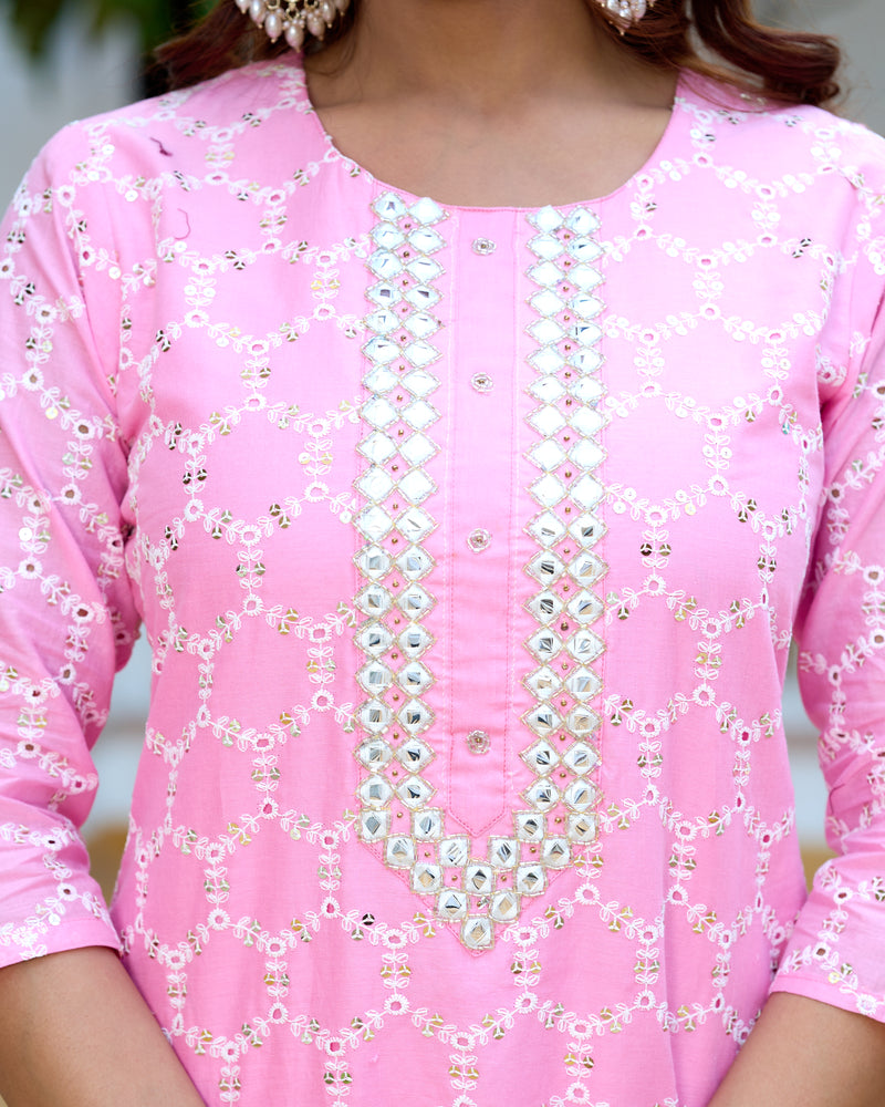 ANAISA Women cotton Schiffli embroidered Kurta with Trouser & Dupatta