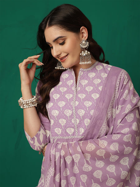 Women Cotton Printed Hand Work Yoke Kurta with Trouser & Dupatta