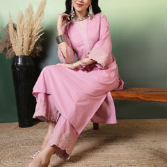 Women Cotton Flex Pink Kurta with Embroidery Sleeves and Trouser Set