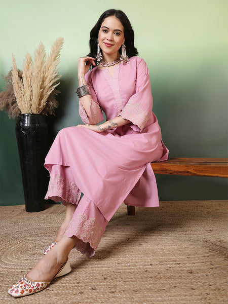 Women Cotton Flex Pink Kurta with Embroidery Sleeves and Trouser Set