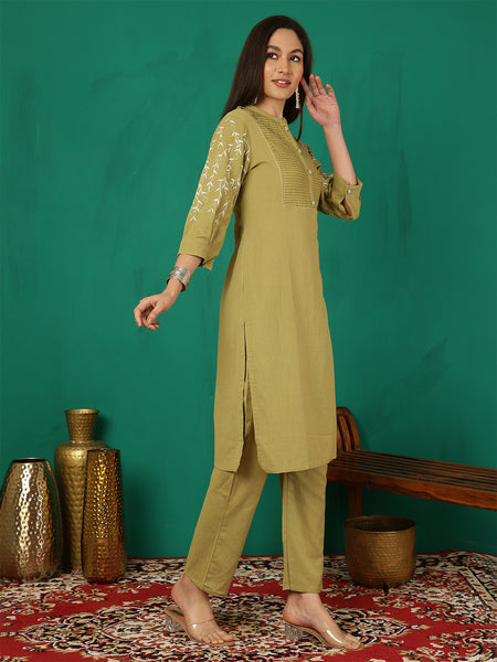 Women Olive Green Solid Embroidery Cotton Flex Kurta with Trouser